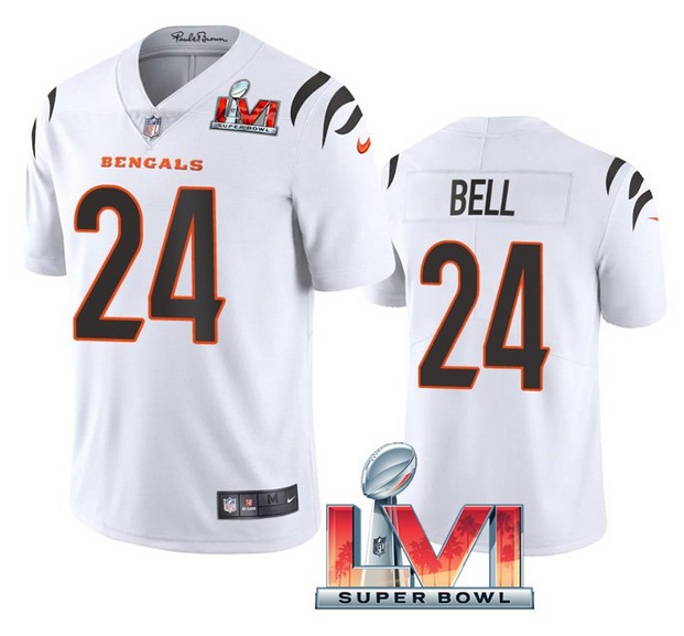 Men's Cincinnati Bengals #24 Vonn Bell 2022 White Super Bowl LVI Vapor Limited Stitched Jersey Men's Cincinnati Bengals #24 Vonn Bell 2022 White Super Bowl LVI Vapor Limited Stitched Jersey